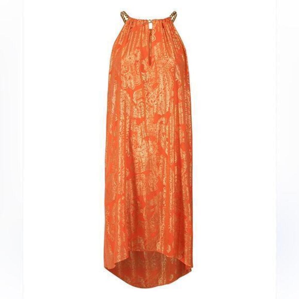 Michael Kors gold chain high low Orange and Gold Halter Dress